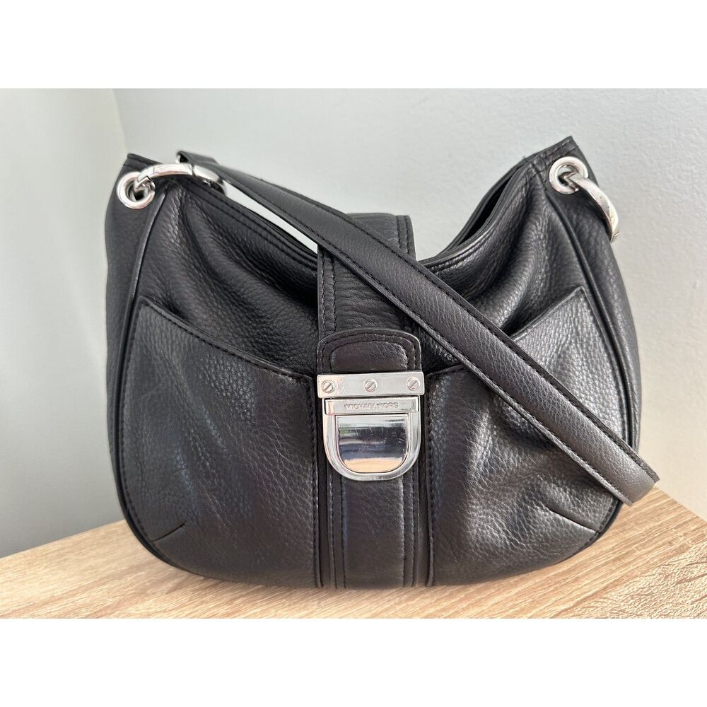 Michael Kors Black Pebbled Leather Small Hobo Convertible Bag Silver Hardware MK